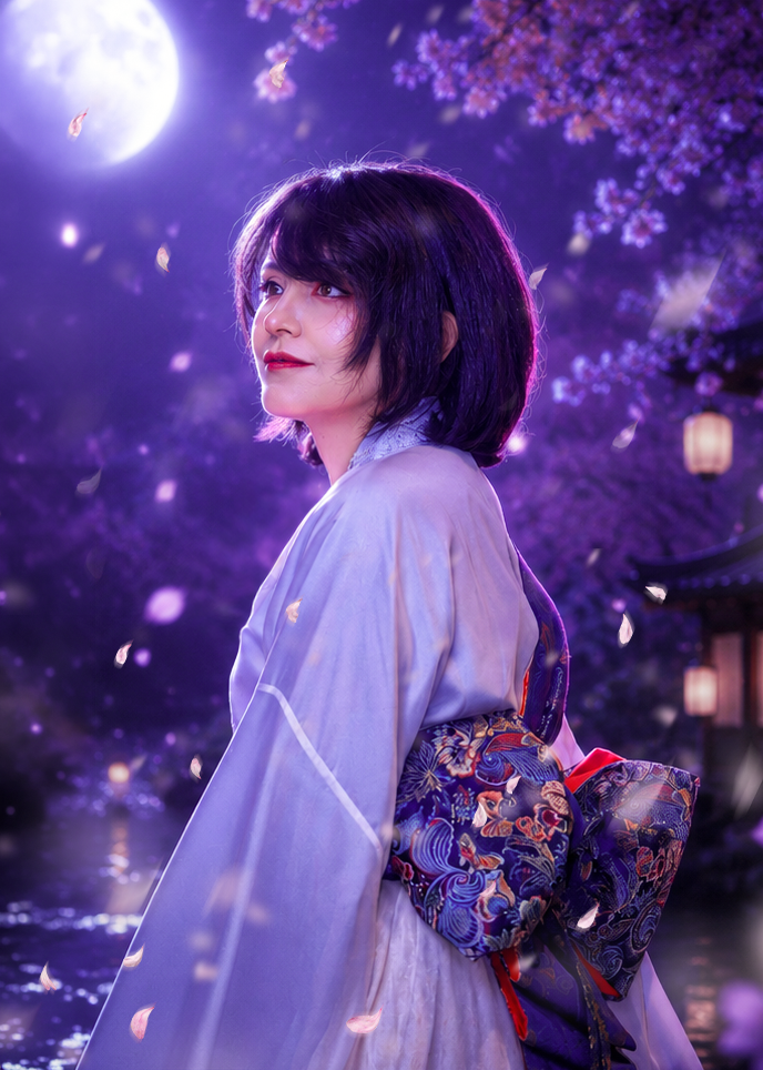 SUMI — portrait in kimono beneath moonlight and cherry blossoms